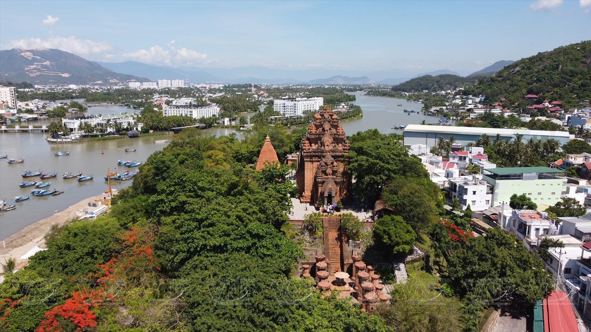 Aerial view of the ancient Po Nagar Cham Towers along the river in Nha Trang, Vietnam.
